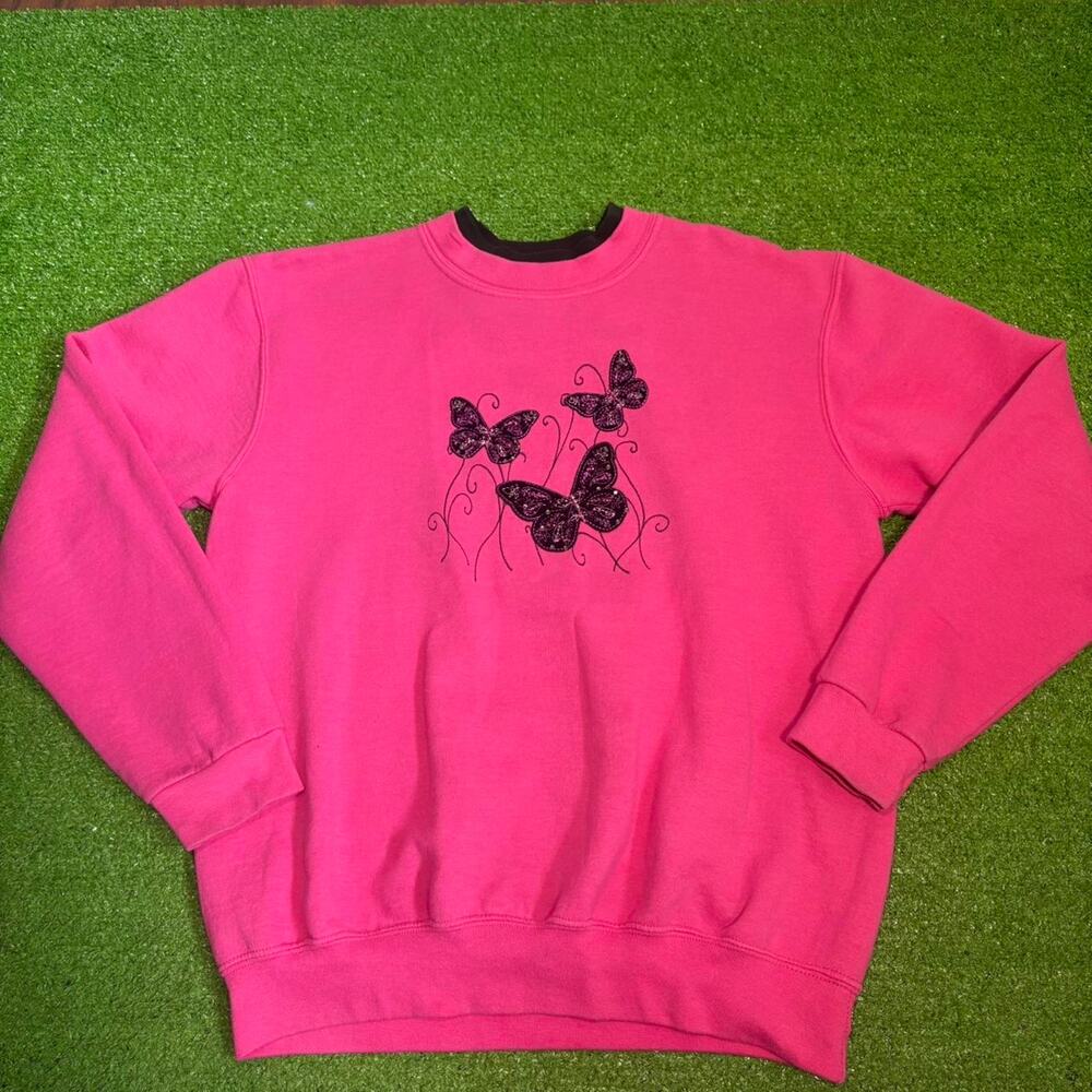 Vintage 90s Top Stitch Black/Pink‎ Butterfly Swearshirt Retro Cottage Grunge Y2K